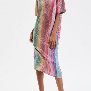 NWT ZARA Rainbow Stripe Sequin Metallic T-shirt Midi Dress Size Small